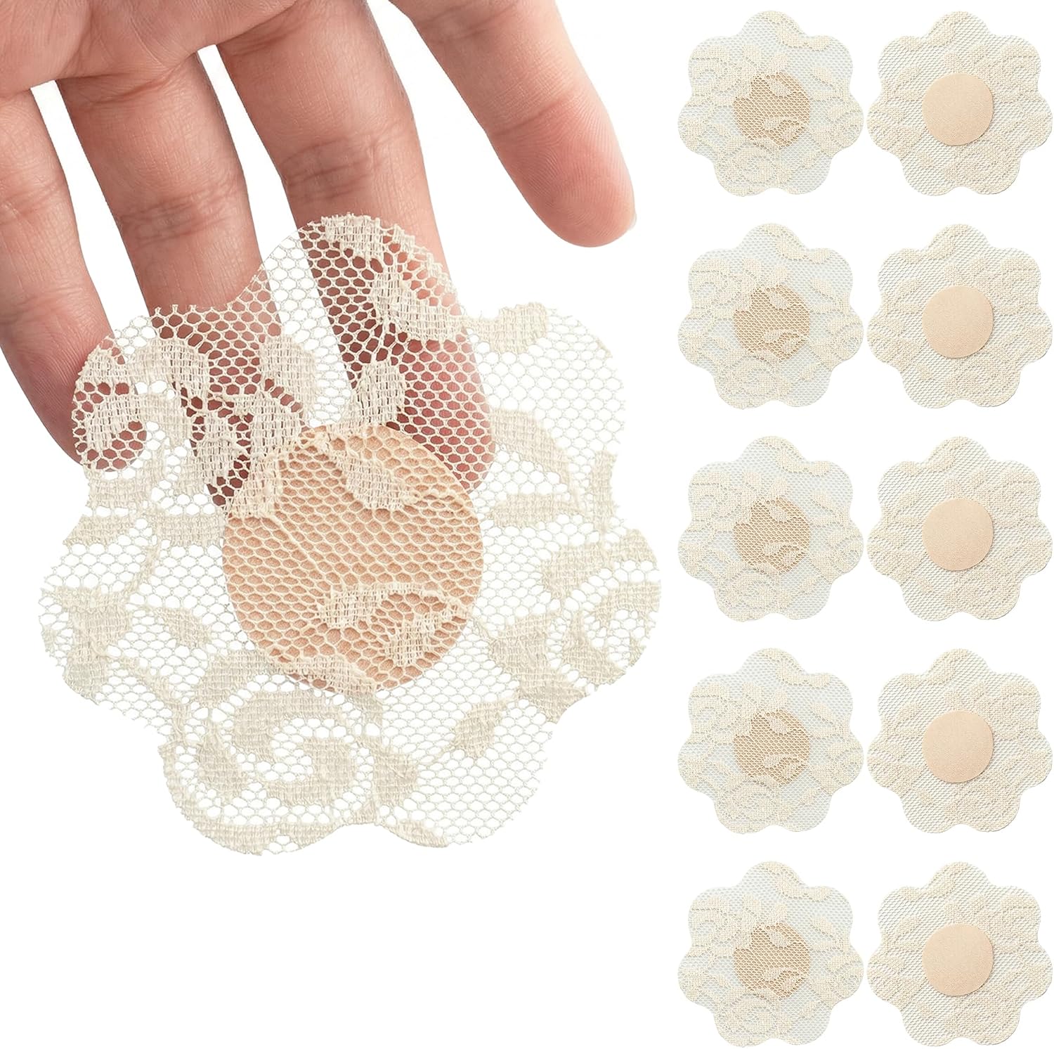 Close view of the petal shape, lace pattern and circular center of a SHINTRENOVE nipple cover